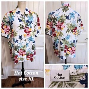 Hot Cotton Women Sz L 100% Linen Floral Hawaii Top 3/4 Sleeve Lagenlook Artsy